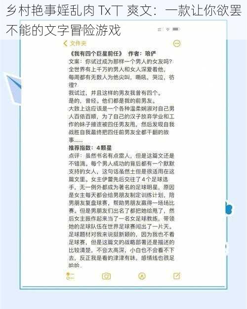 乡村艳事婬乱肉 Tx丅 爽文：一款让你欲罢不能的文字冒险游戏