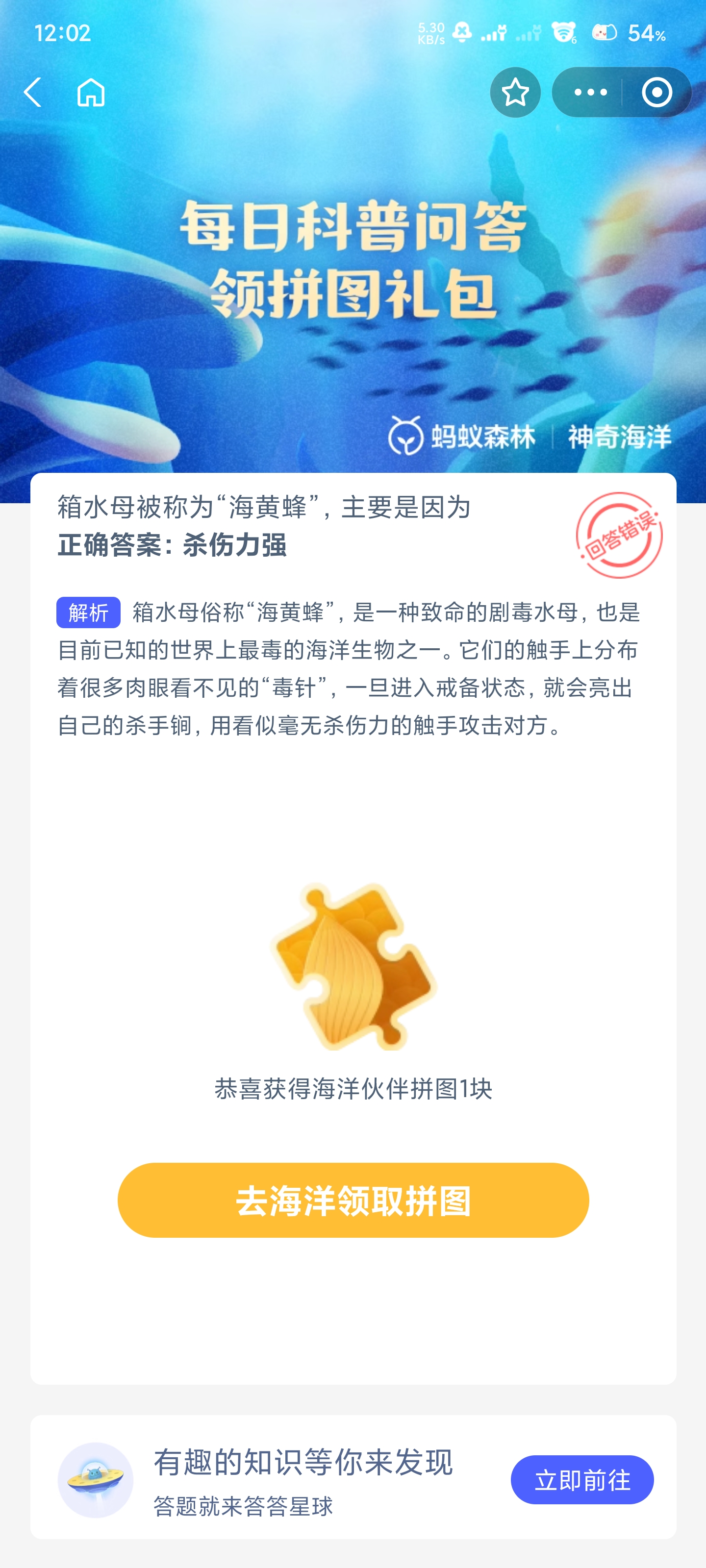 箱水母被称为海黄蜂-最新神奇海洋答案9月3日