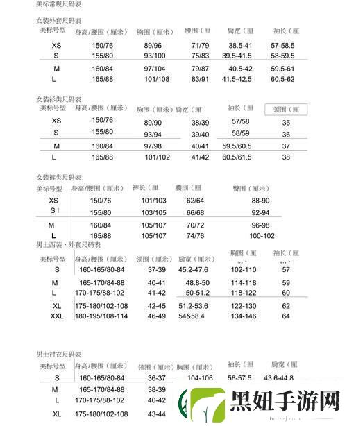 国际码衣服尺寸